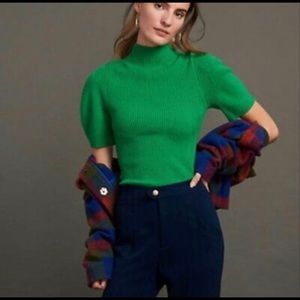 Maeve Anthropologie Green Turtleneck Short Sleeve Sweater top